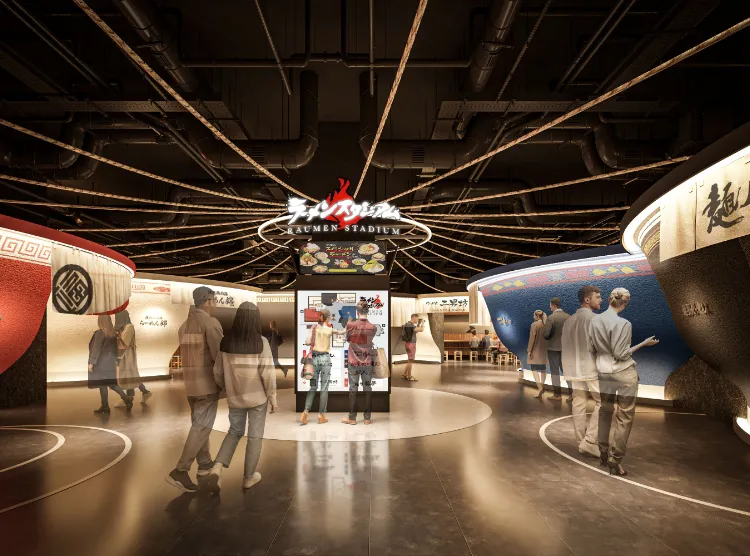 パース図：リニューアルしたラーメンスタジアム共用部分。各店舗の場所が載った案内図が設置してある。