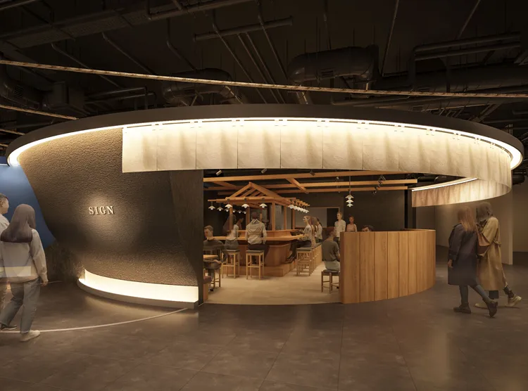 パース図：出店している店舗の外観図。ラーメンどんぶりのような円形の建物で、入口横から数メートルは外の通路から覗けるくらいの高さの壁になっている。入口側から半分くらいは天井にのれんがかかっている。