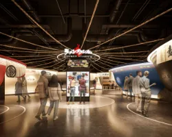 パース図：リニューアルしたラーメンスタジアム共用部分。各店舗の場所が載った案内図が設置してある。