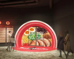 パース図：5階のEX Bar側入口の様子。ラーメンどんぶりを上から見た半円の入口になっていて、扉とその横にラーメンの写真がデザインしてある。