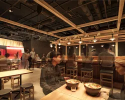 パース図：カウンターとテーブル席がある店舗内部の様子